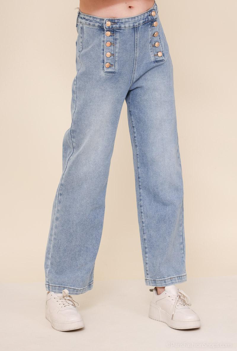 Ladies Wide Denim Pants With Row of Buttons - Light Blue-Side View