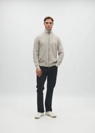 Diesel Darwin Full Zip cardigan in Beachcomber, front model view showing the ribbed knit and two-way zip.
