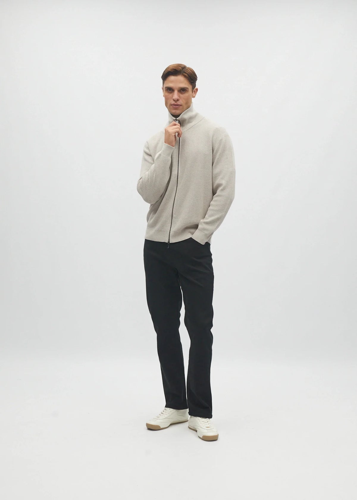 Diesel Darwin Full Zip cardigan in Beachcomber, front angled model view showing the zip and relaxed fit.