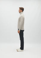 Diesel Darwin Full Zip cardigan in Beachcomber, side model view showing the collar and sleeve.