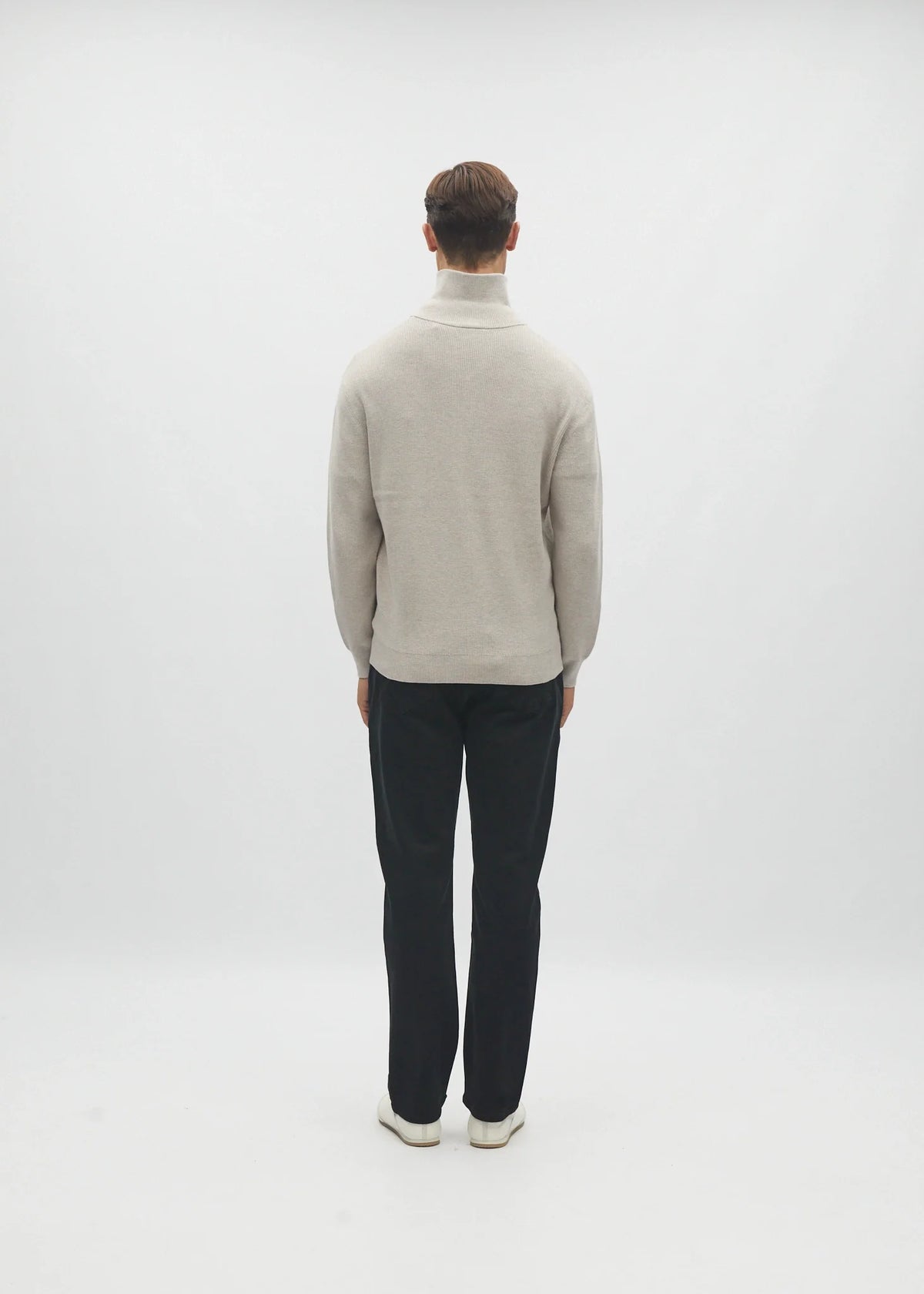 Diesel Darwin Full Zip cardigan in Beachcomber, back model view showing the ribbed knit.