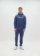 Diesel Walt Hoodie in Hugo Blue, straight front model view showing the drawstring hood and ribbed hem.