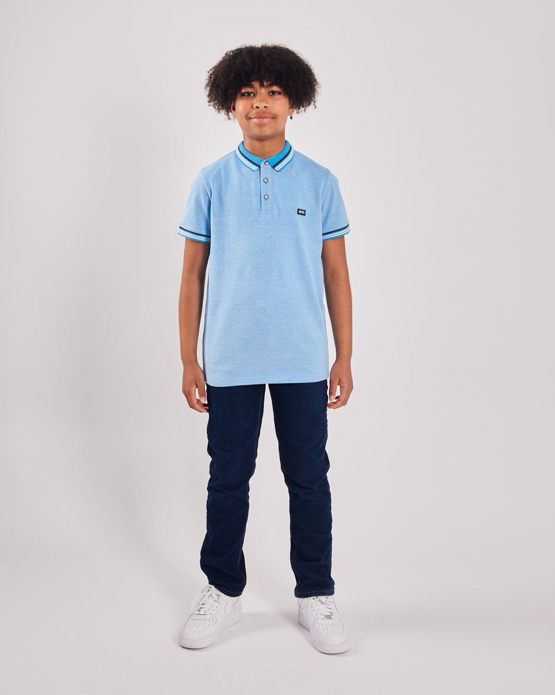 Boy's Cooper Blue Polo-Model Full Front View