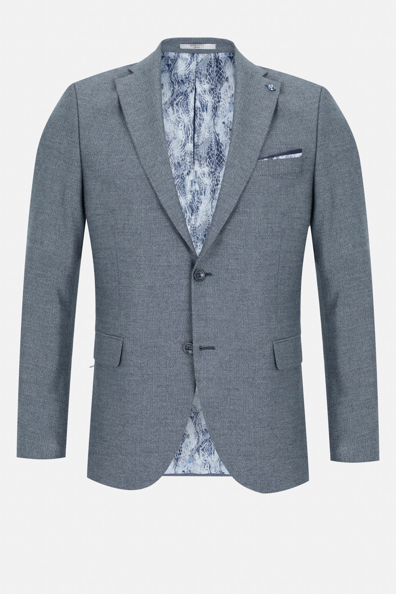 Front view of the Pisa Navy blazer showing the patterned lining and lapel pin