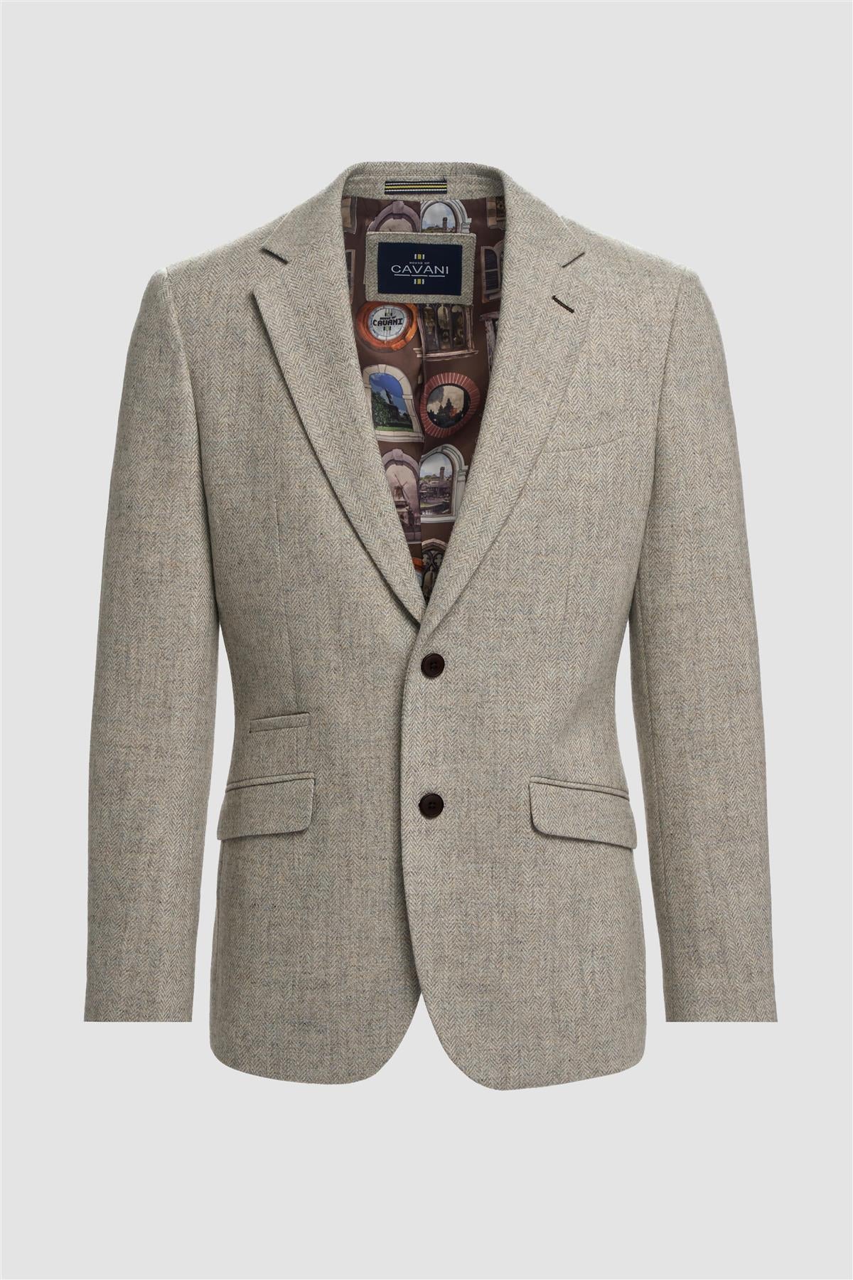 Front view of pearl grey blazer with patterned lining