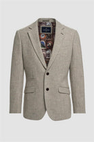 Front view of pearl grey blazer with patterned lining