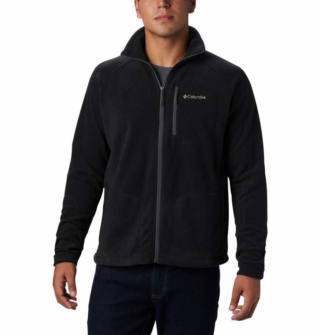 Black fleece jacket with Columbia logo on a white background