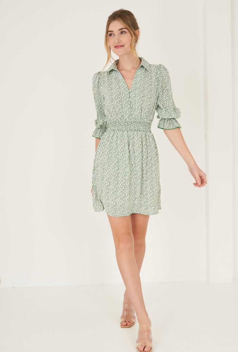 Ladies Green Floral Print Dress with Sleeves-Model Front View