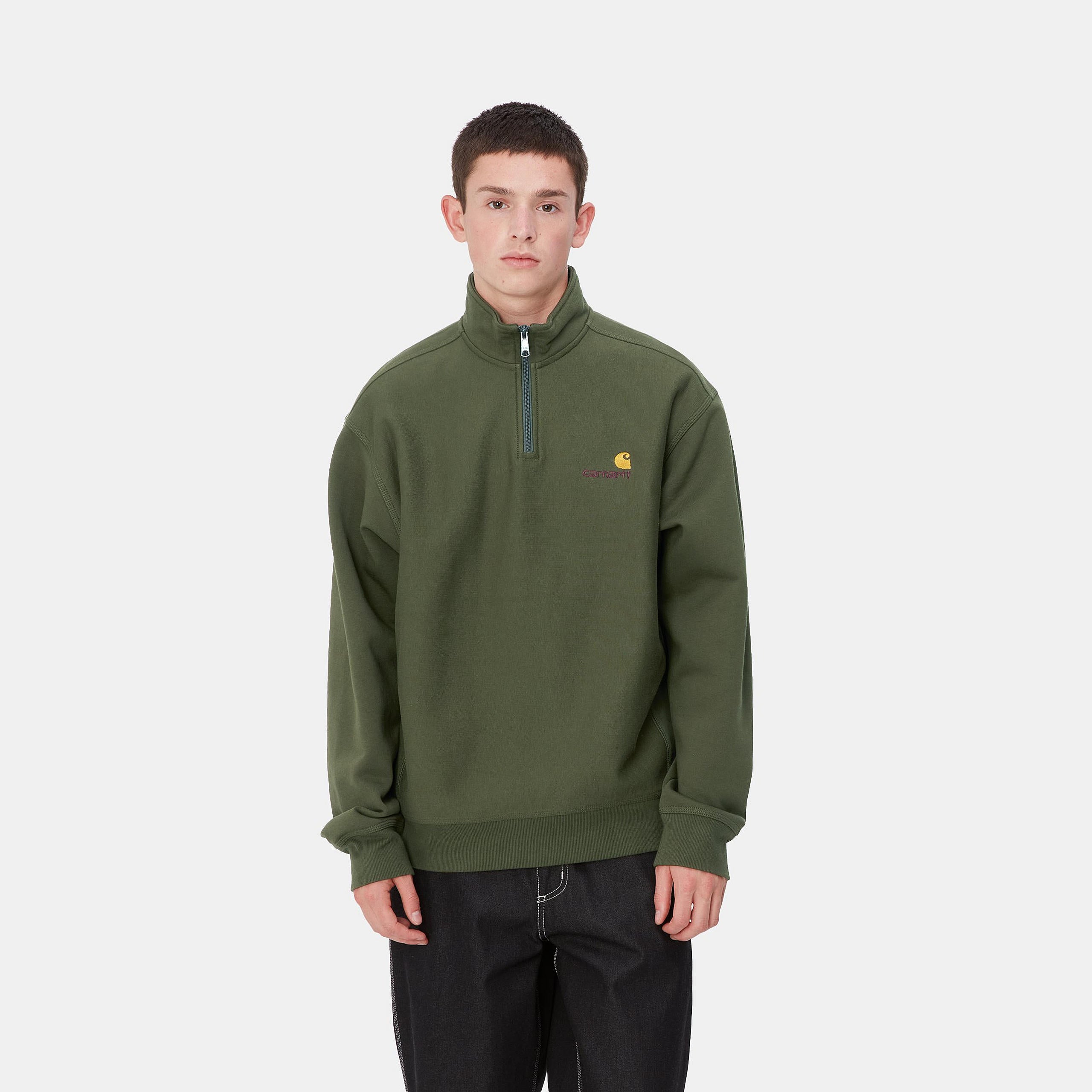 Men's Half Zip American Script Sweat-Tarragon-Model Front View