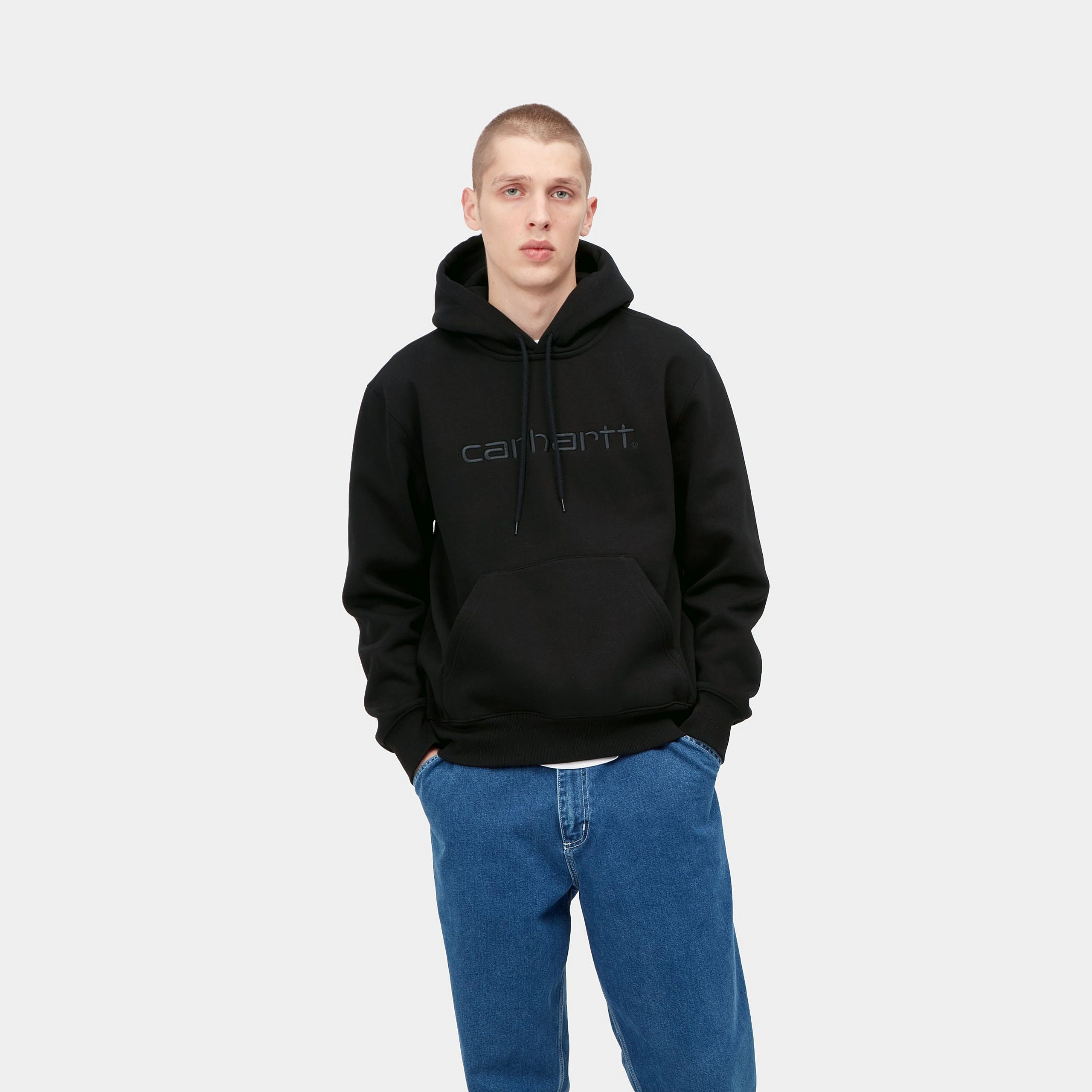 Men's Hooded Carhartt Sweat-Black / Black-Model Front View