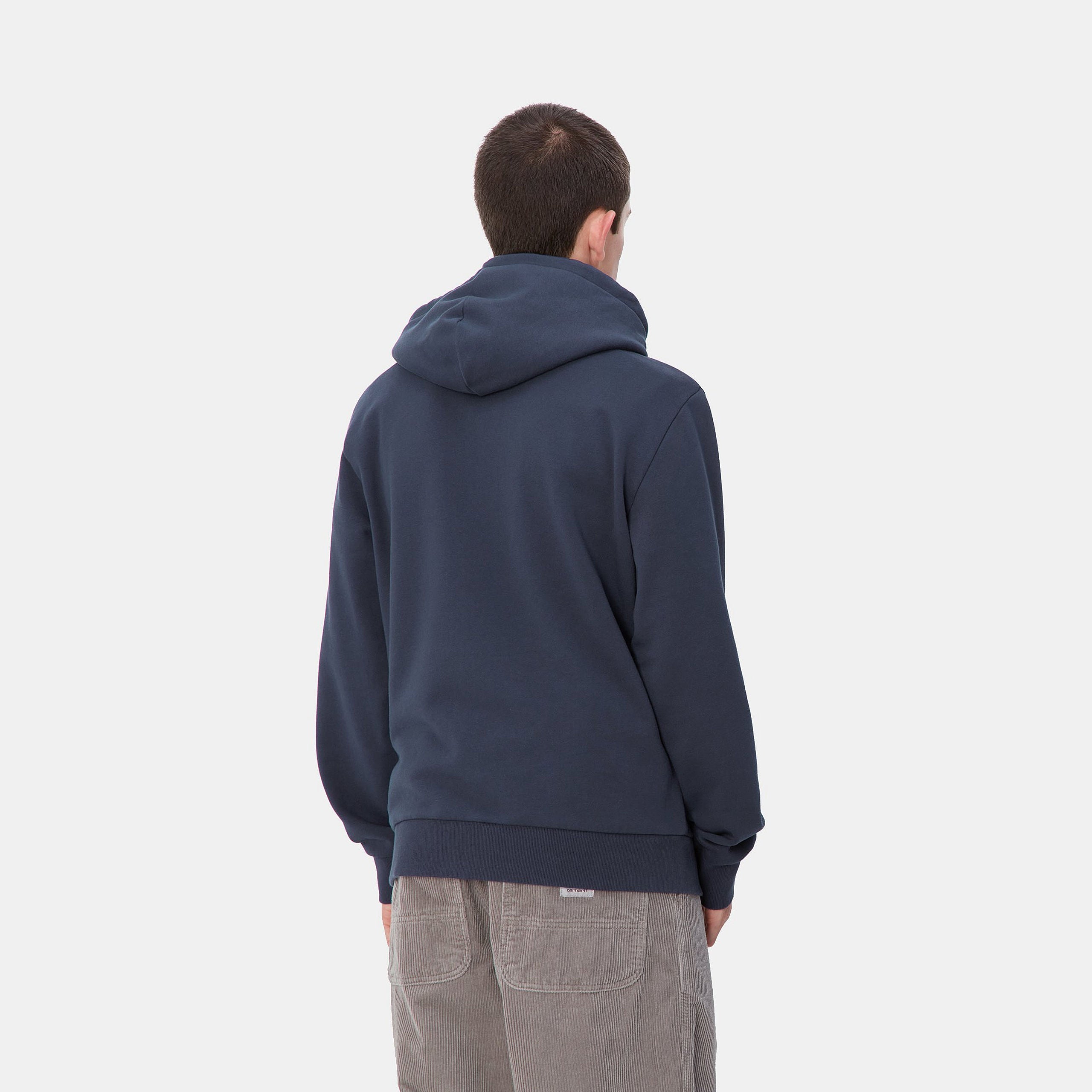 Men's Hooded Script Embroidery Sweat-Air Force Blue / White-Model Back View