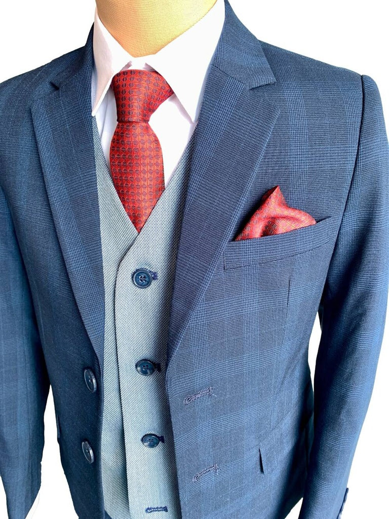Close-up of waistcoat on Peter navy check boys suit