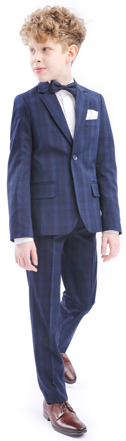 Side view of Peter navy boys check suit