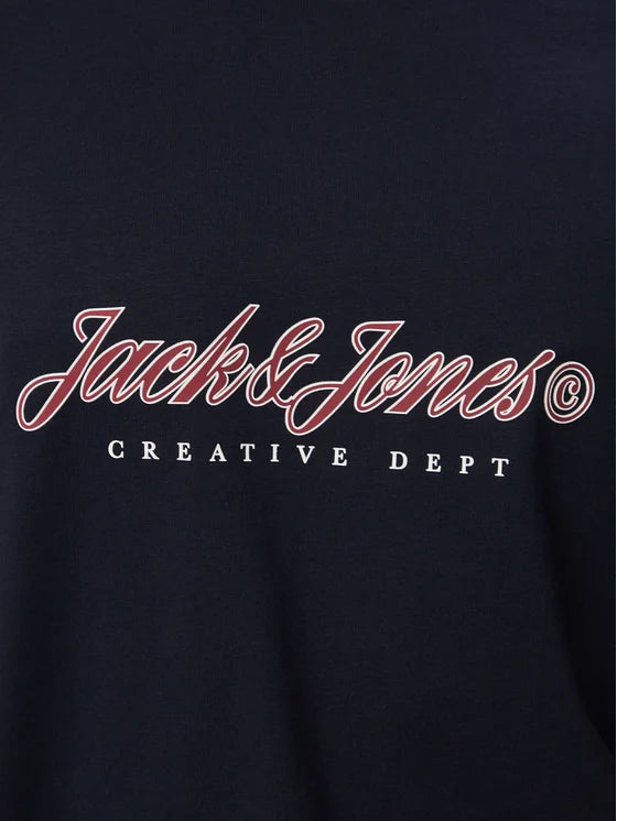 Black shirt with 'Jack & Jones Creative Dept' text in red and white