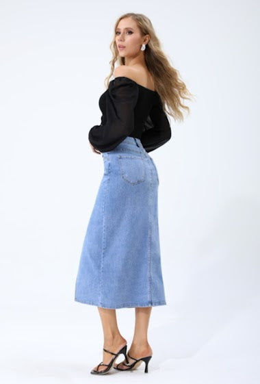 Womens Blue Long Denim Skirt-Side view