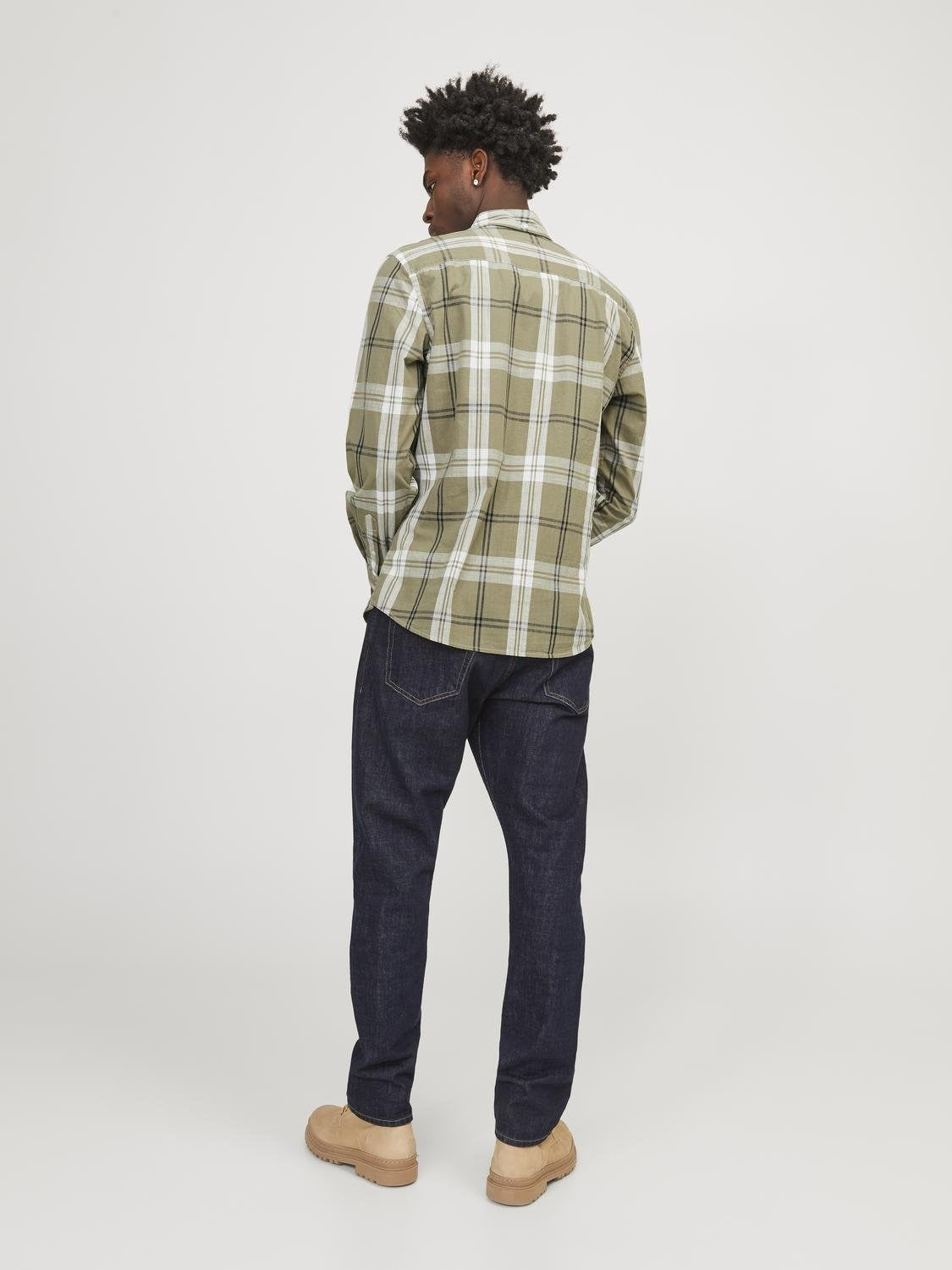 Men's Brook Slub Check Long Sleeve Shirt-Olive Night-Model Back View