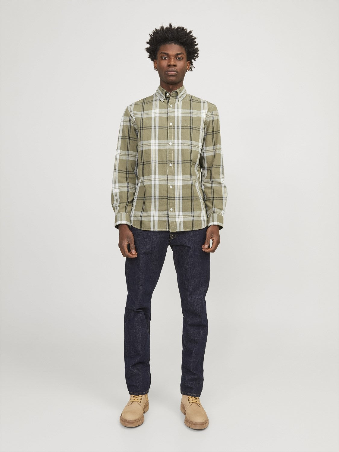 Men's Brook Slub Check Long Sleeve Shirt-Olive Night-Model Full Front View