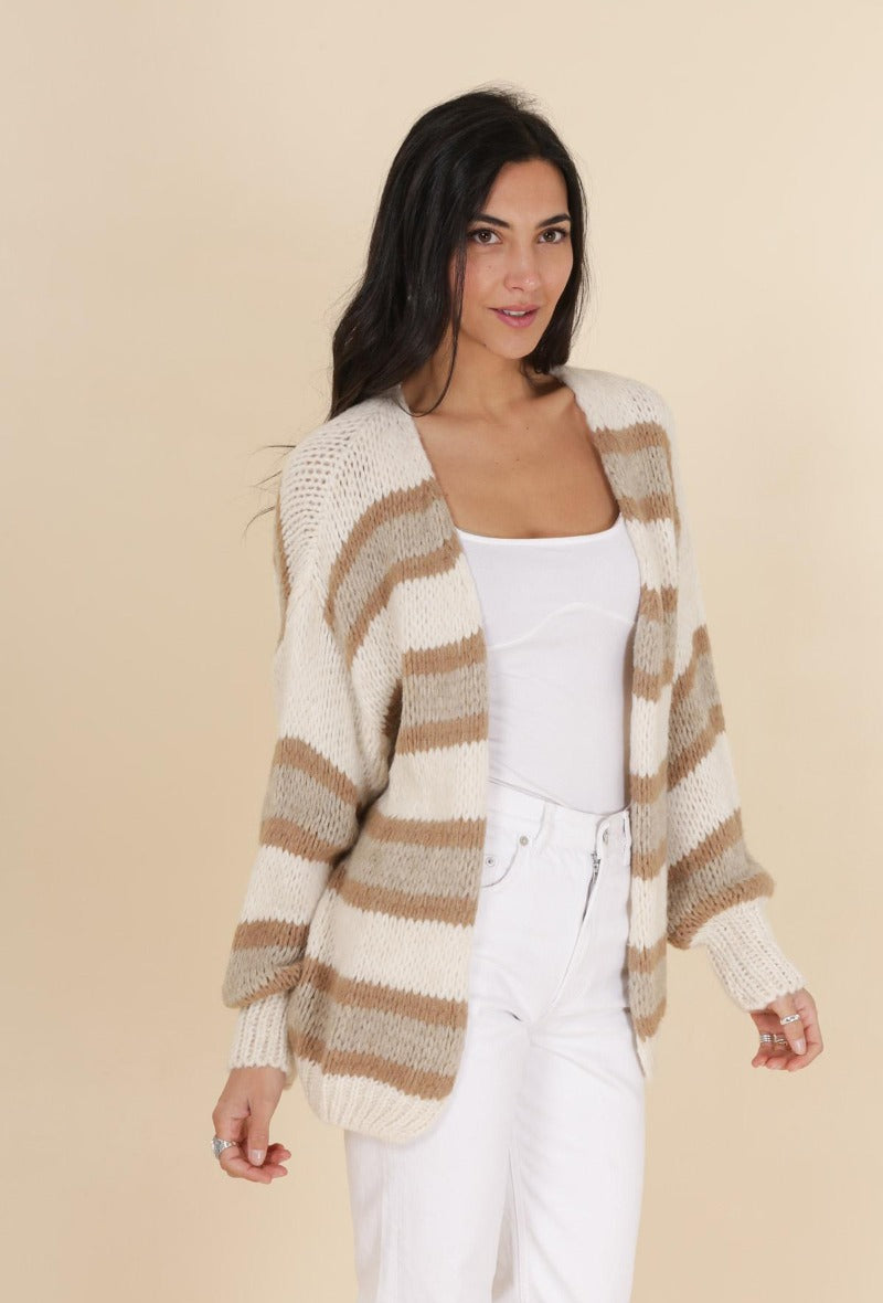 Ladies Coloured Chunky Knit Cardigan - Taupe-Side View