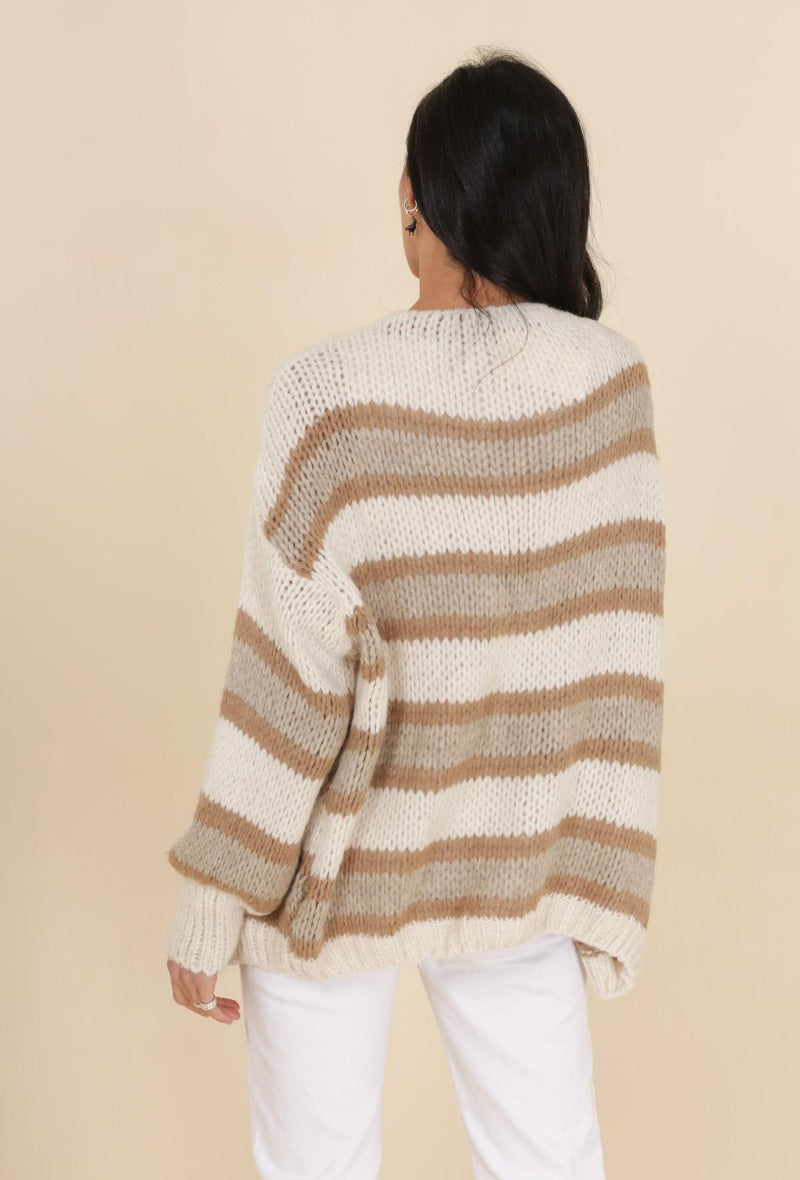 Ladies Coloured Chunky Knit Cardigan - Taupe-Back View