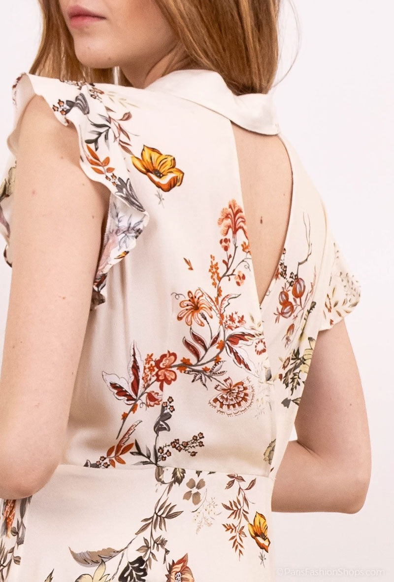 Beige Open Back Short Floral Dress-Back detail