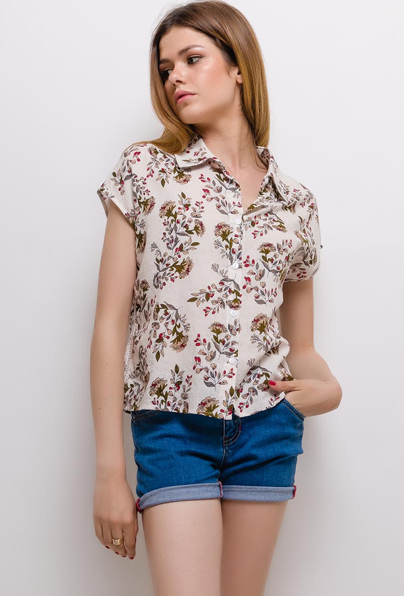 Ladies Floral Short Sleeve Blouse - White-Front View