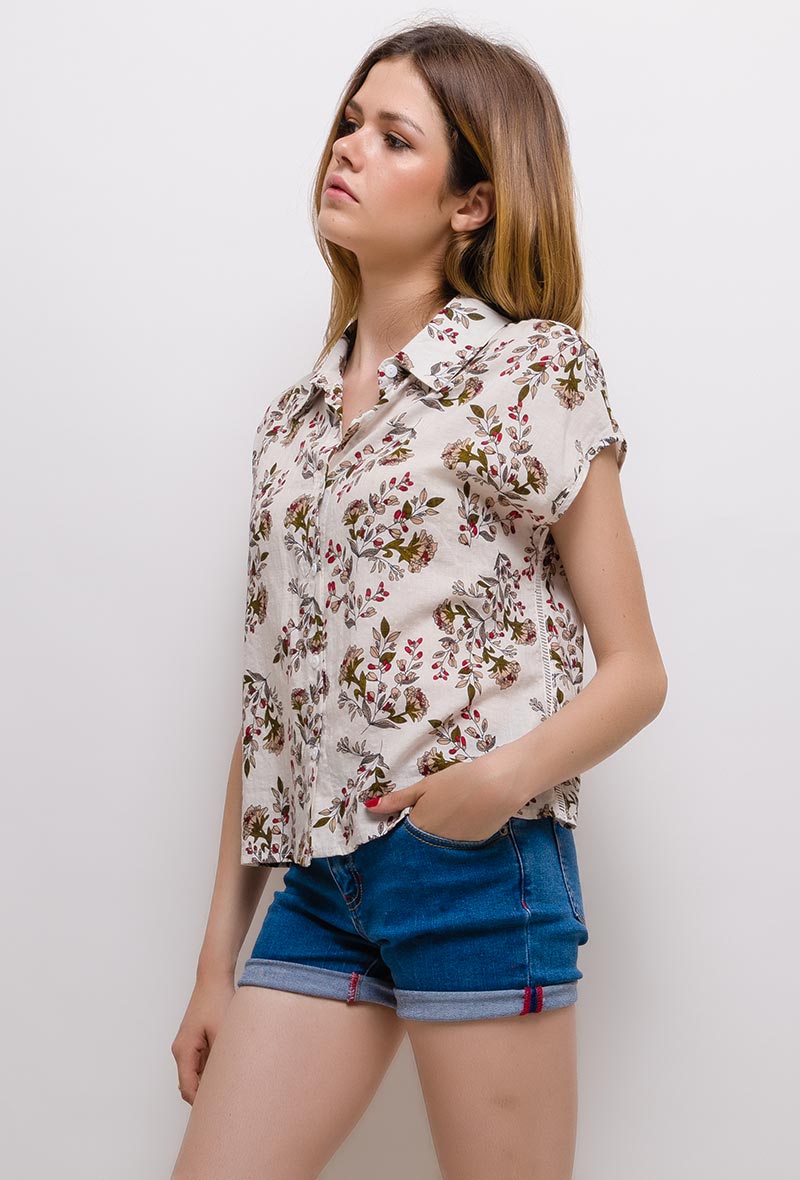 Ladies Floral Short Sleeve Blouse - White-Side View