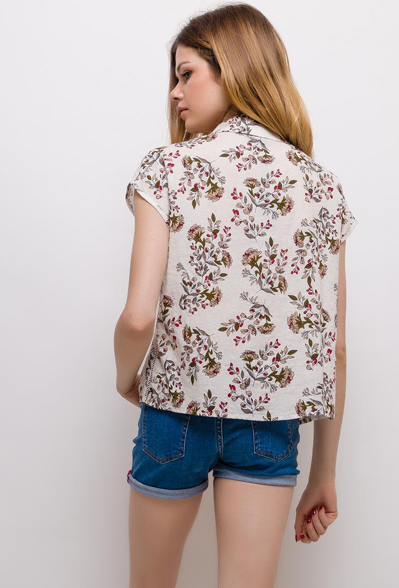 Ladies Floral Short Sleeve Blouse - White-Back View