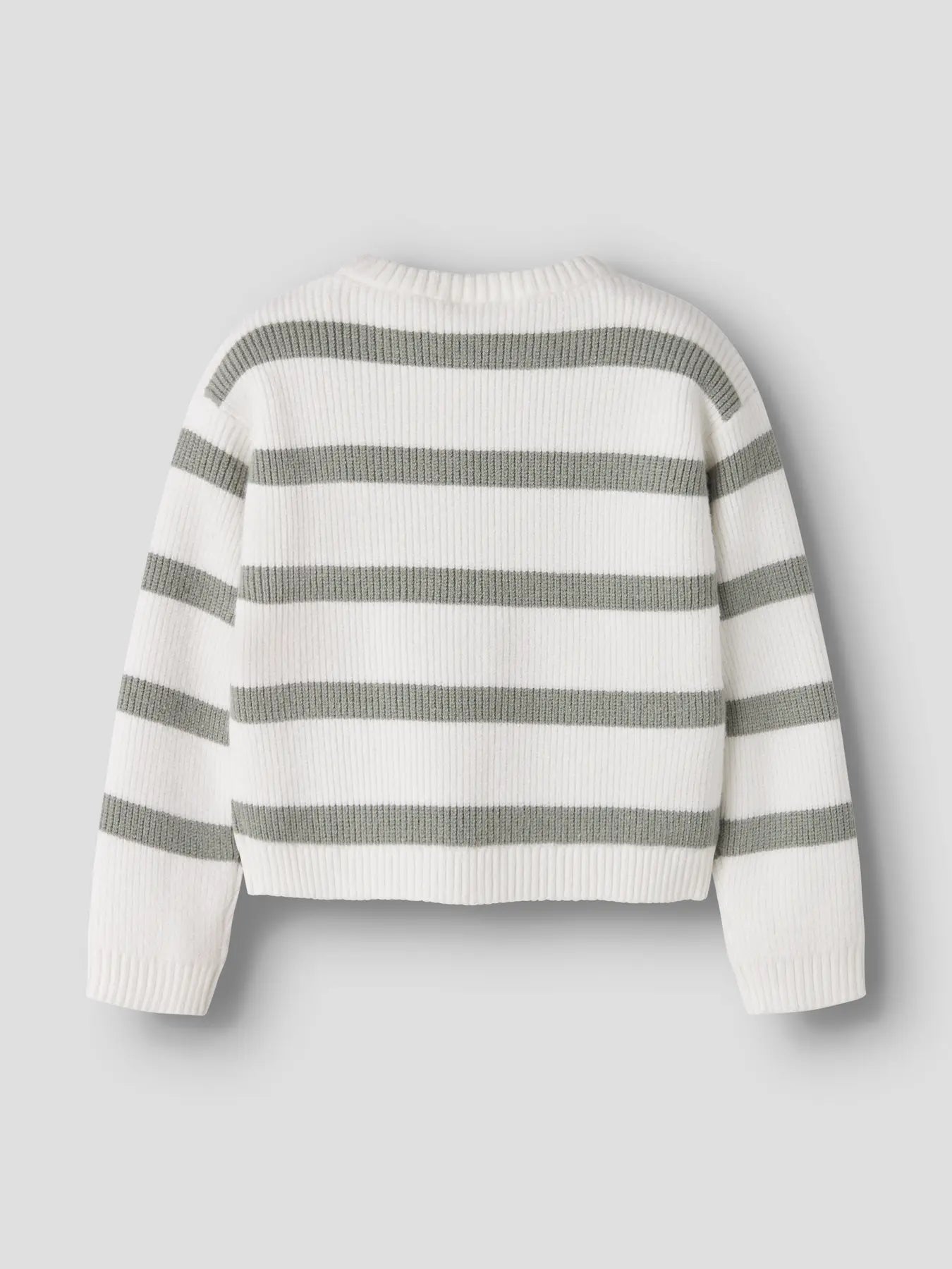 Striped sweater with white and gray horizontal stripes on a light gray background