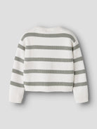 Striped sweater with white and gray horizontal stripes on a light gray background