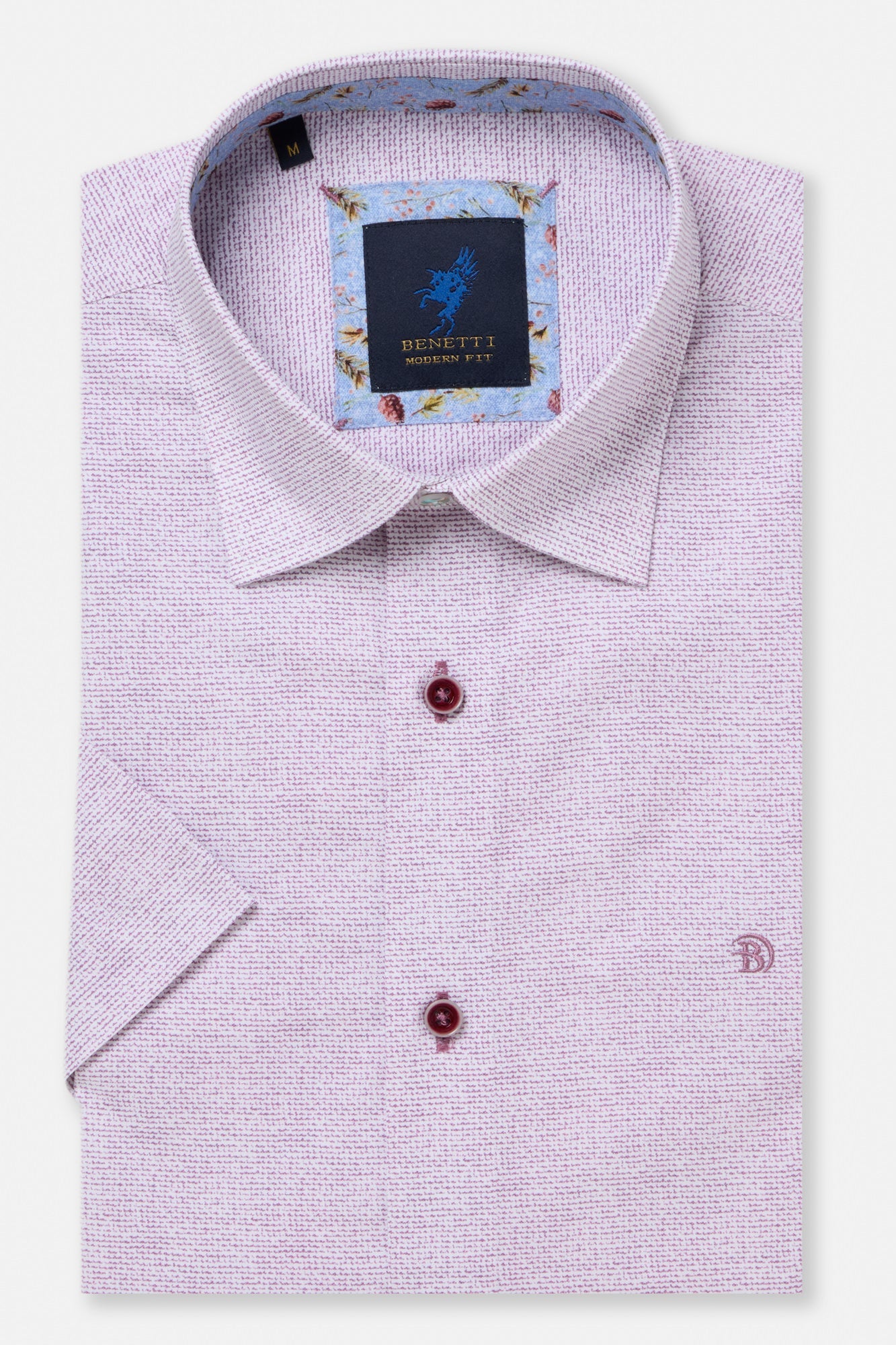 Flat lay of the Kyle short sleeve shirt in lilac with contrast floral collar lining