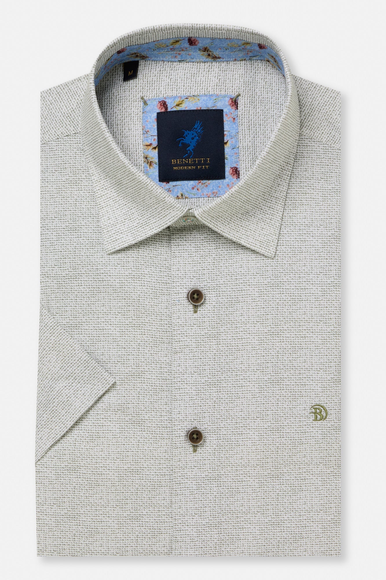 Flat lay of the Kyle short sleeve shirt in sage with floral collar trim