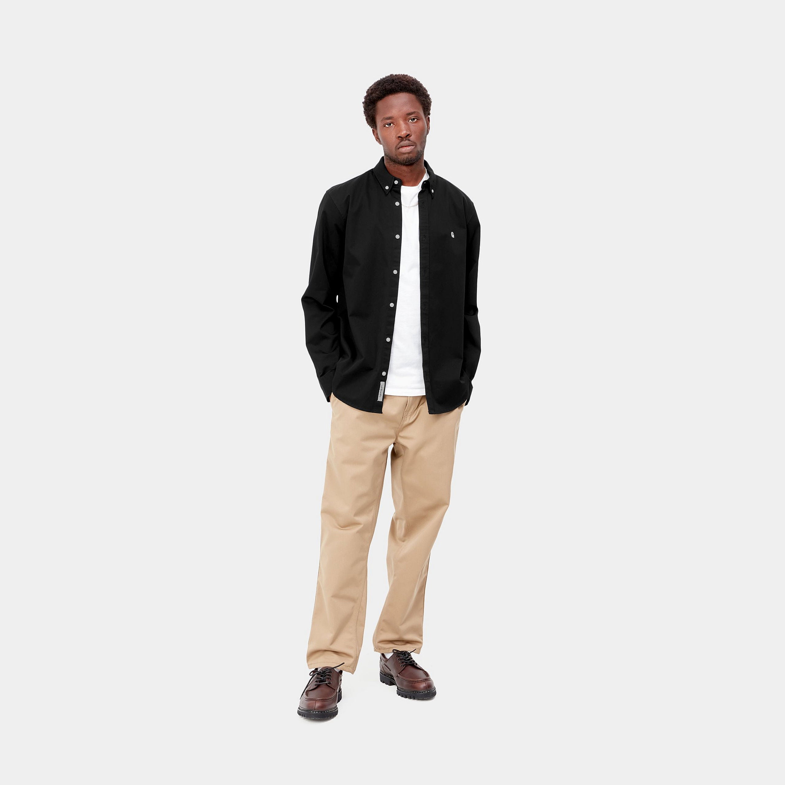 Men's Long Sleeve Madison Shirt-Black / Wax-Model Full Front View