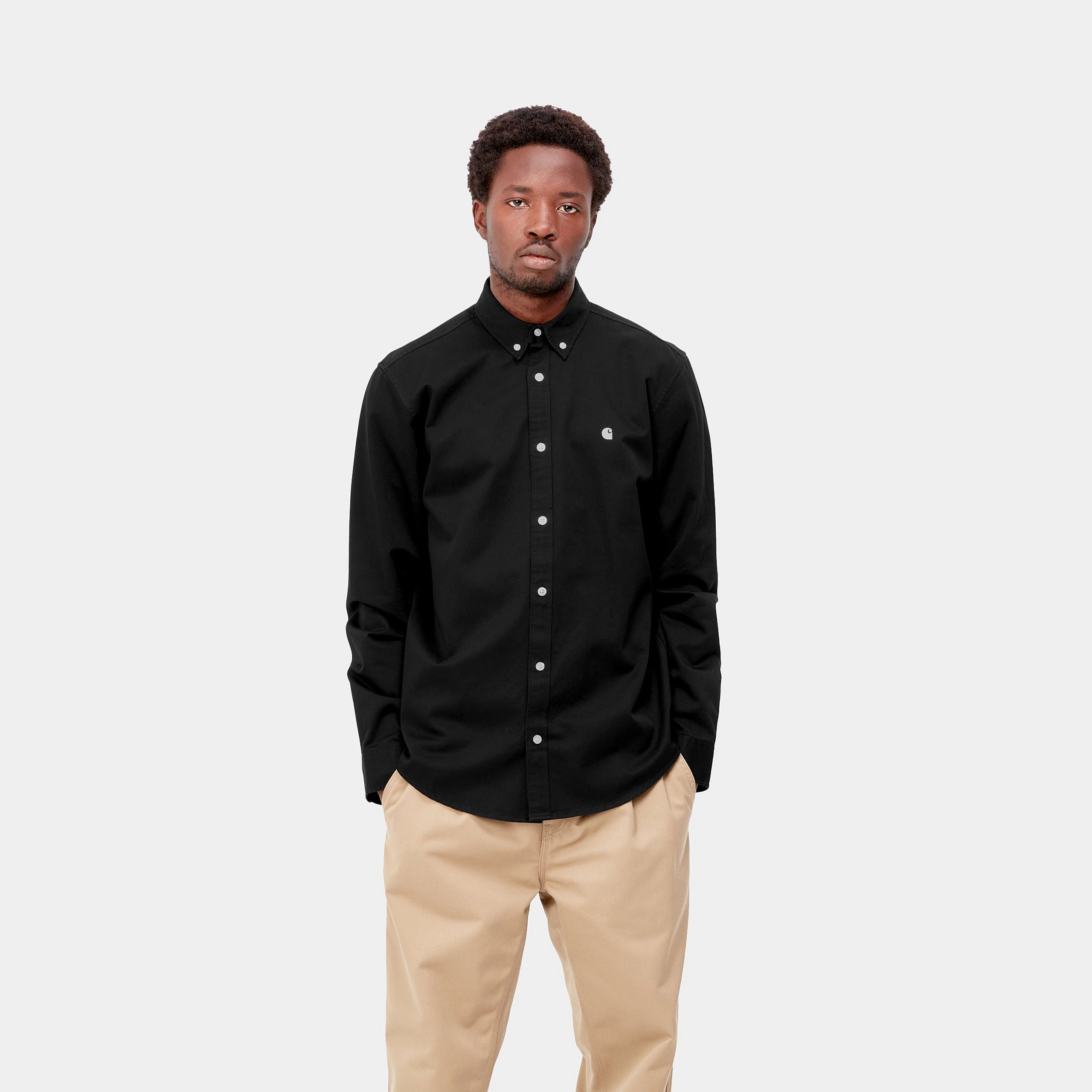 Men's Long Sleeve Madison Shirt-Black / Wax-Model Front View