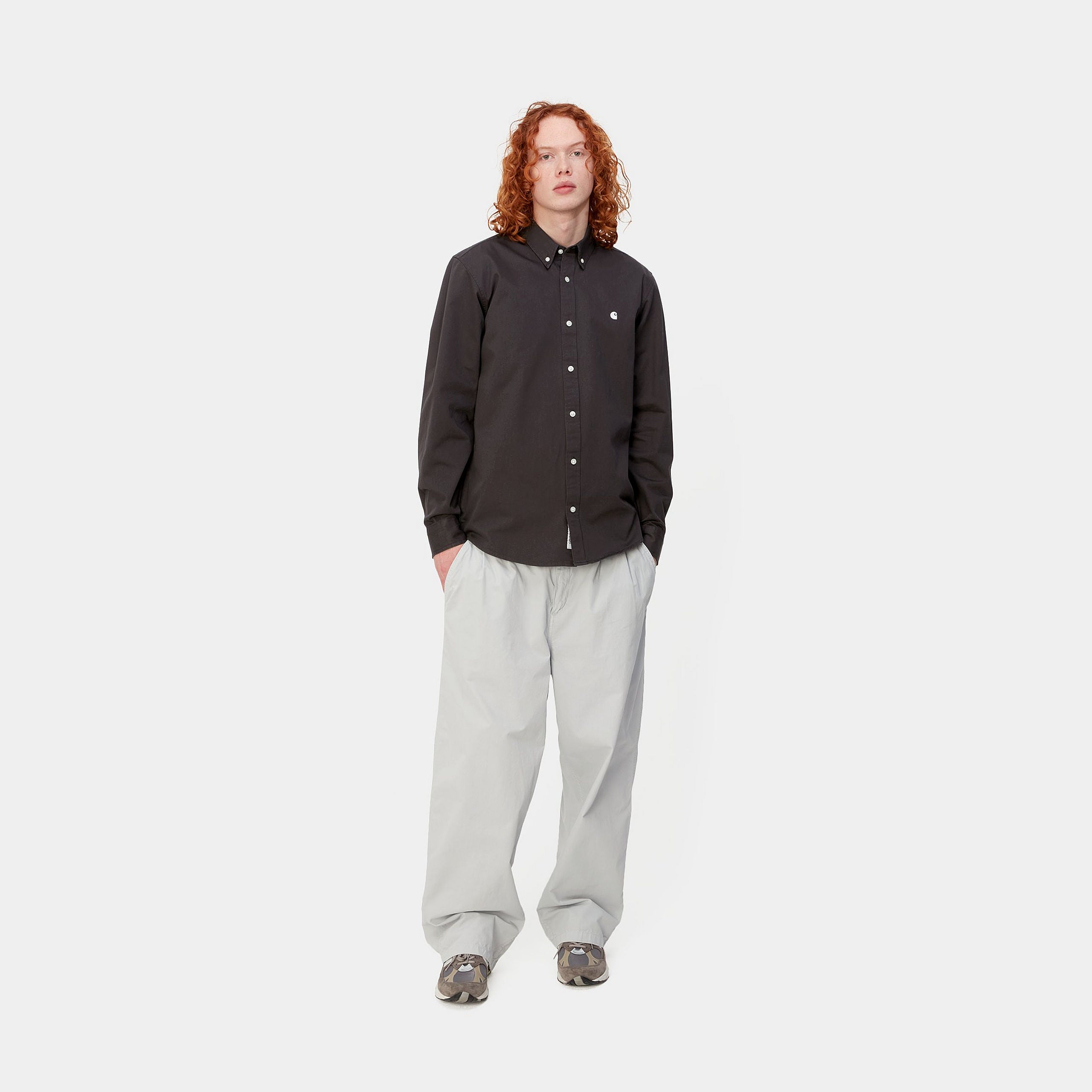 Men's Long Sleeve Madison Shirt-Charcoal / White-Model Full Front View