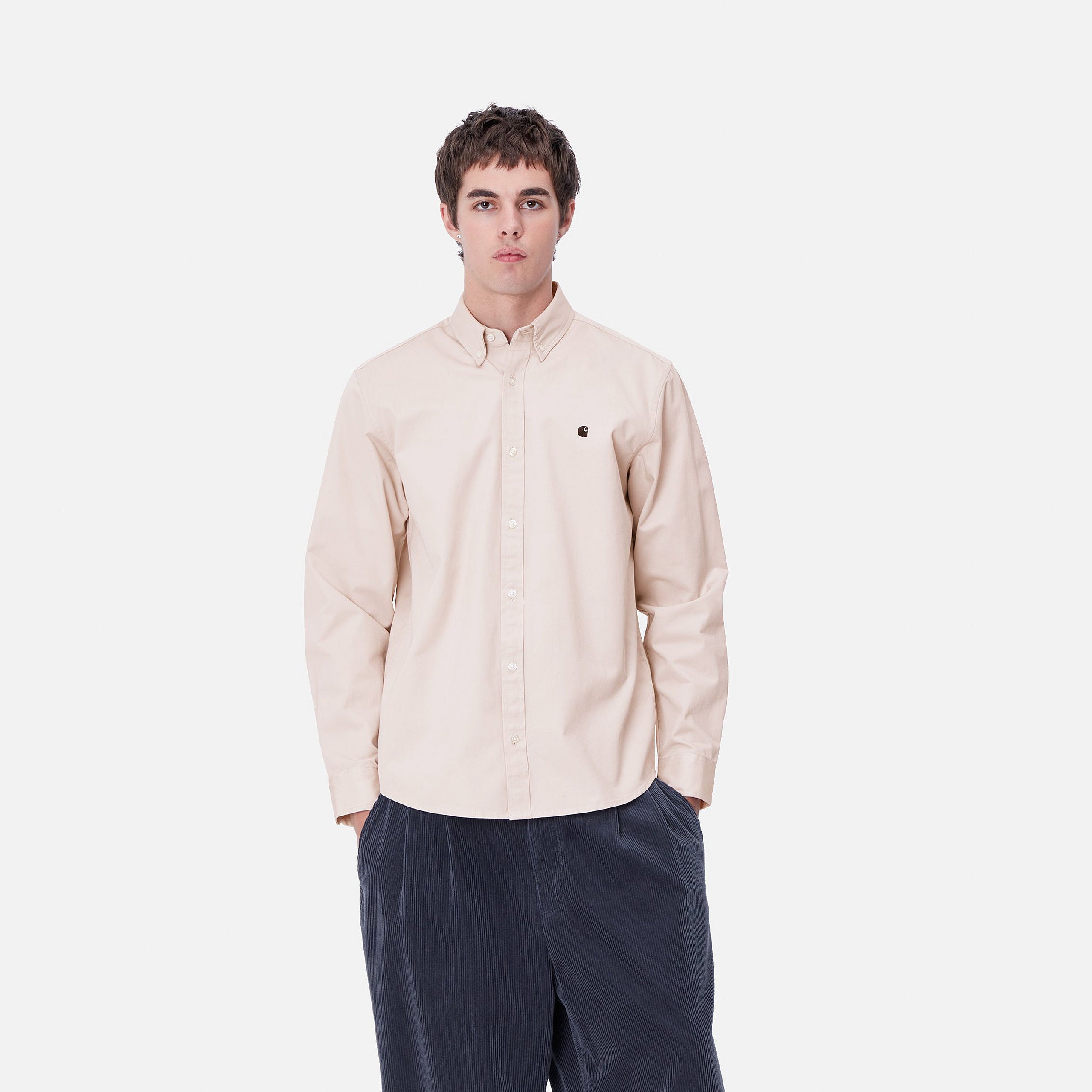 Carhartt WIP Long Sleeve Madison Shirt-Moonbeam / Black Moonbeam / Black front view