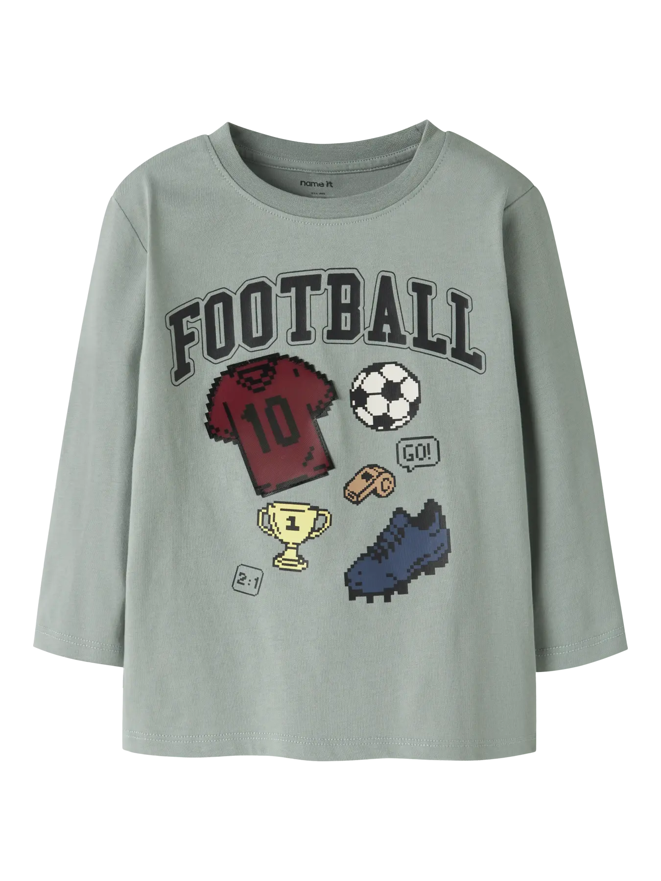 NAME IT Lauge kids long-sleeve top in Green Milieu front view with football print