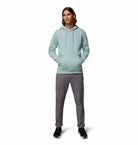 Man wearing a light blue hoodie with Columbia logo on a white background