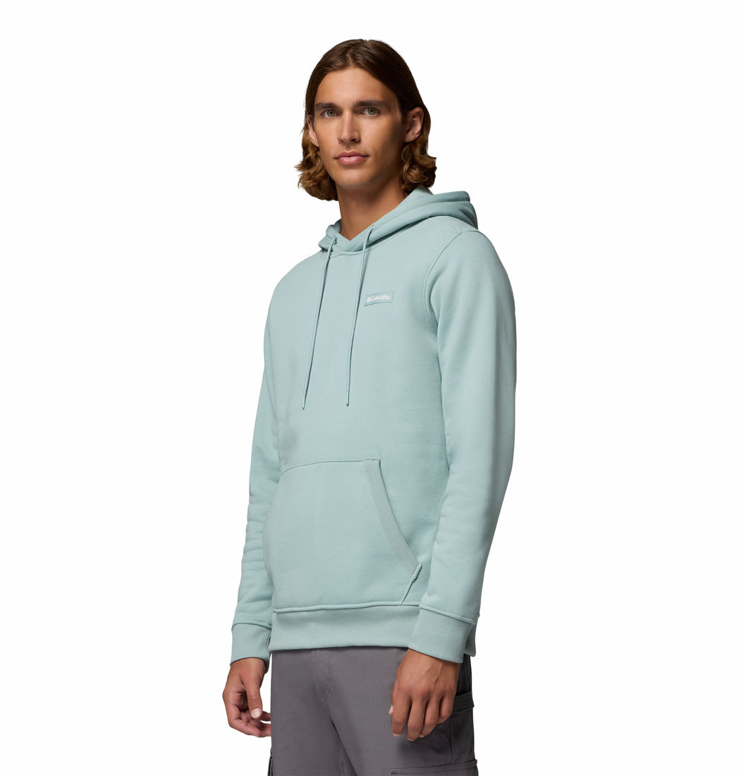 Person wearing a light blue hoodie on a white background