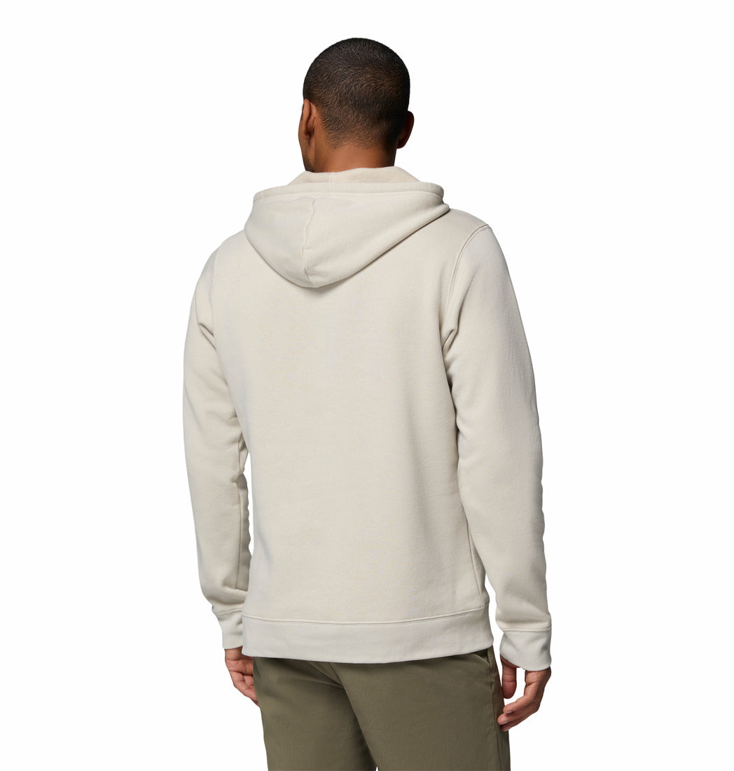 Person wearing a beige hoodie from behind on a white background