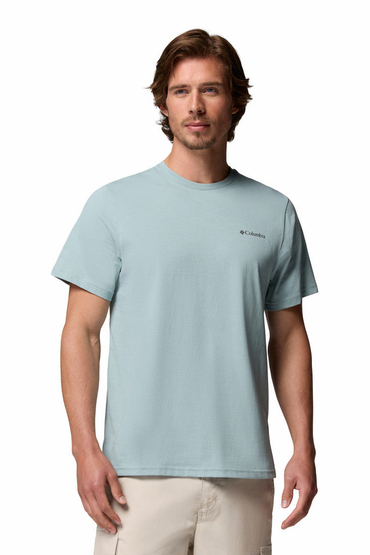 Man wearing a light blue t-shirt on a white background
