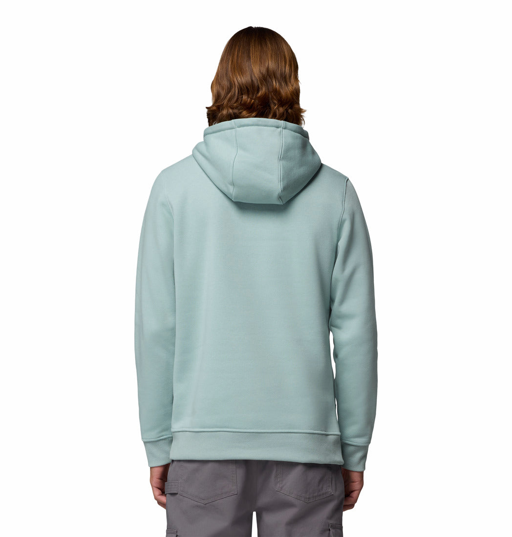 Man wearing a light blue hoodie with Columbia logo on a white background-Back view