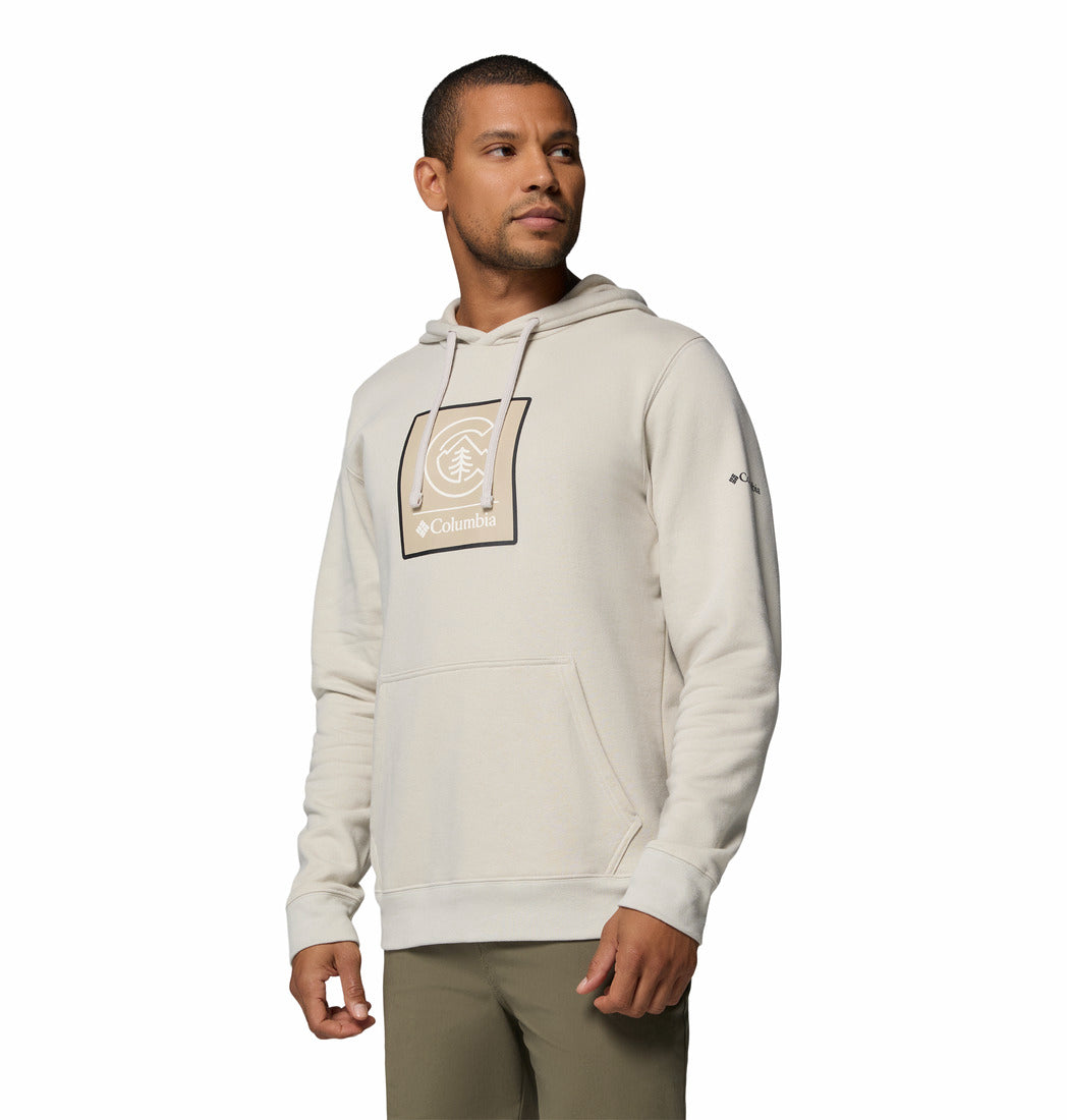 Man wearing a light gray hoodie with a Colunbia logo on a white background