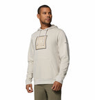Man wearing a light gray hoodie with a Colunbia logo on a white background