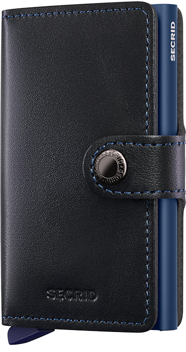 Black leather wallet with blue accents and Secrid branding on a white background
