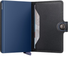 Blue and black leather cardholder with a visible brand name on a white background