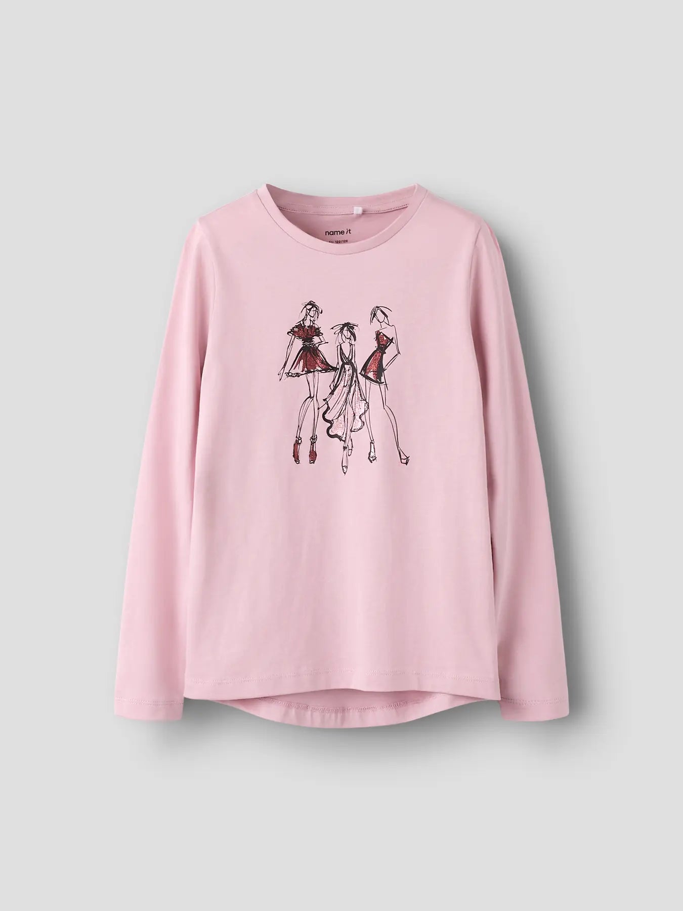Pink long-sleeve shirt with graphic design on a gray background