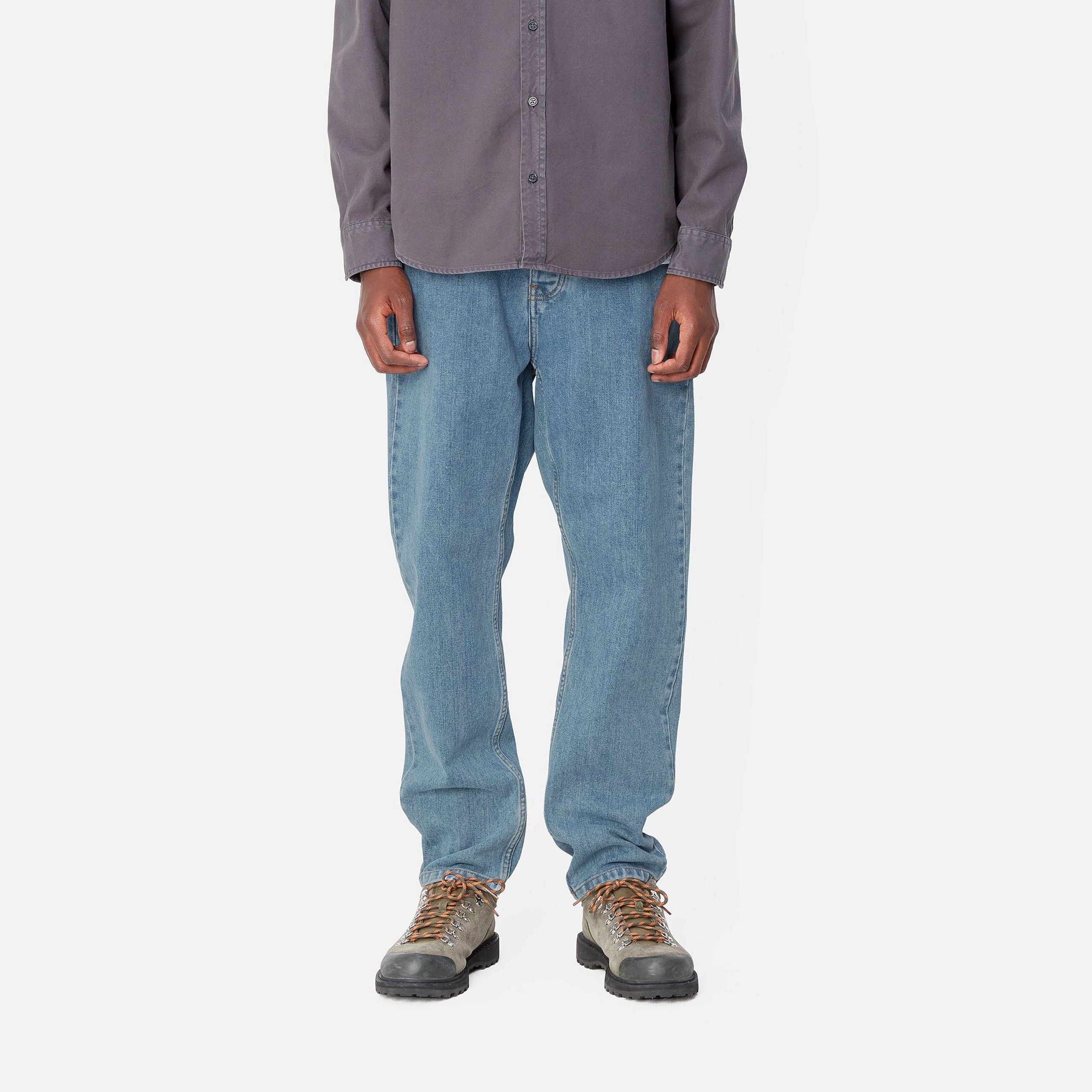 Model front view of Carhartt Newel Pant in Blue Stone Bleached