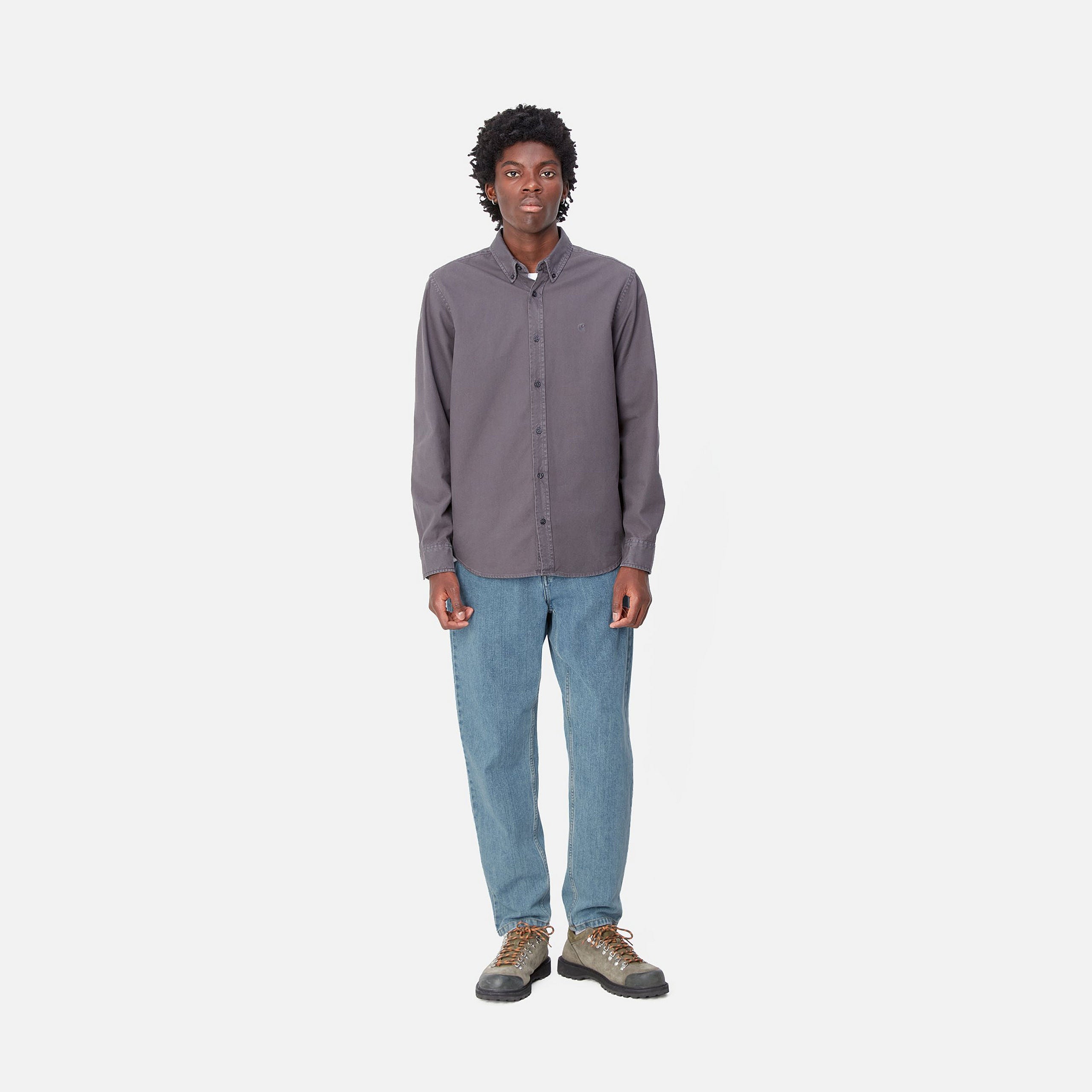 Full front model view of Newel Pant denim