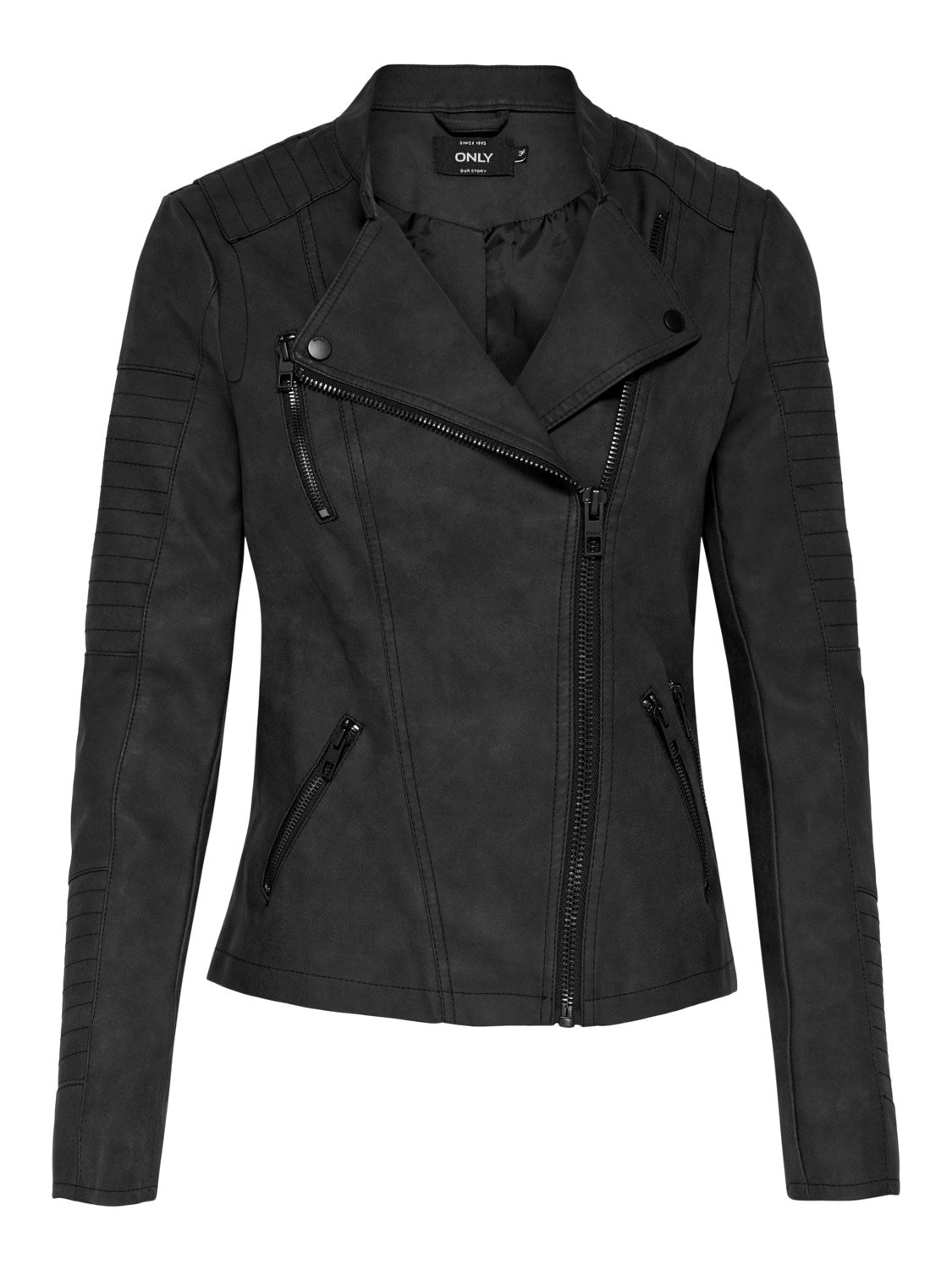 Ladies Ava Faux Leather Biker-Black-Front View