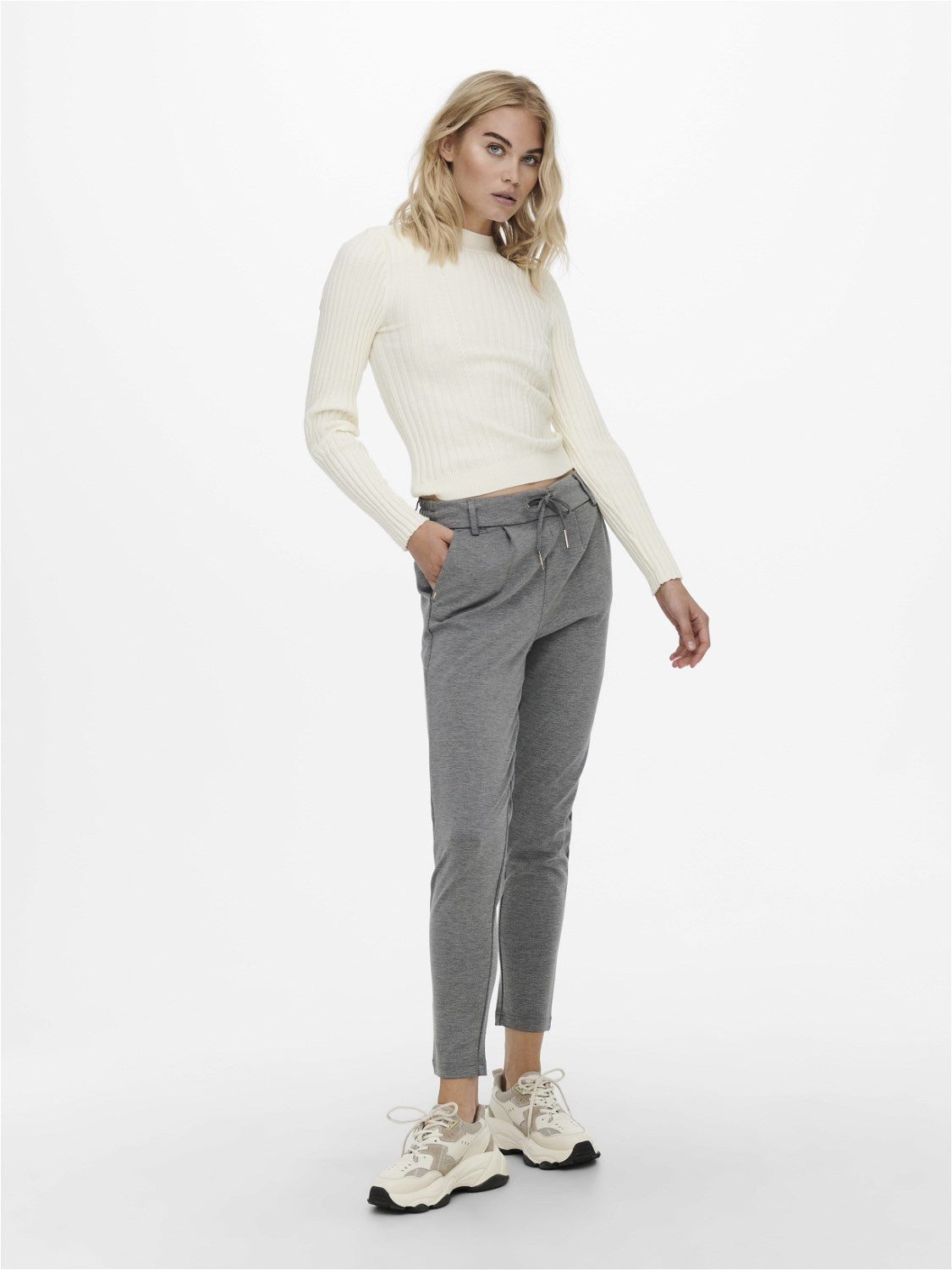 Ladies Poptrash Life Easy Colour Pant-Medium Grey Melange-Model Full Front View